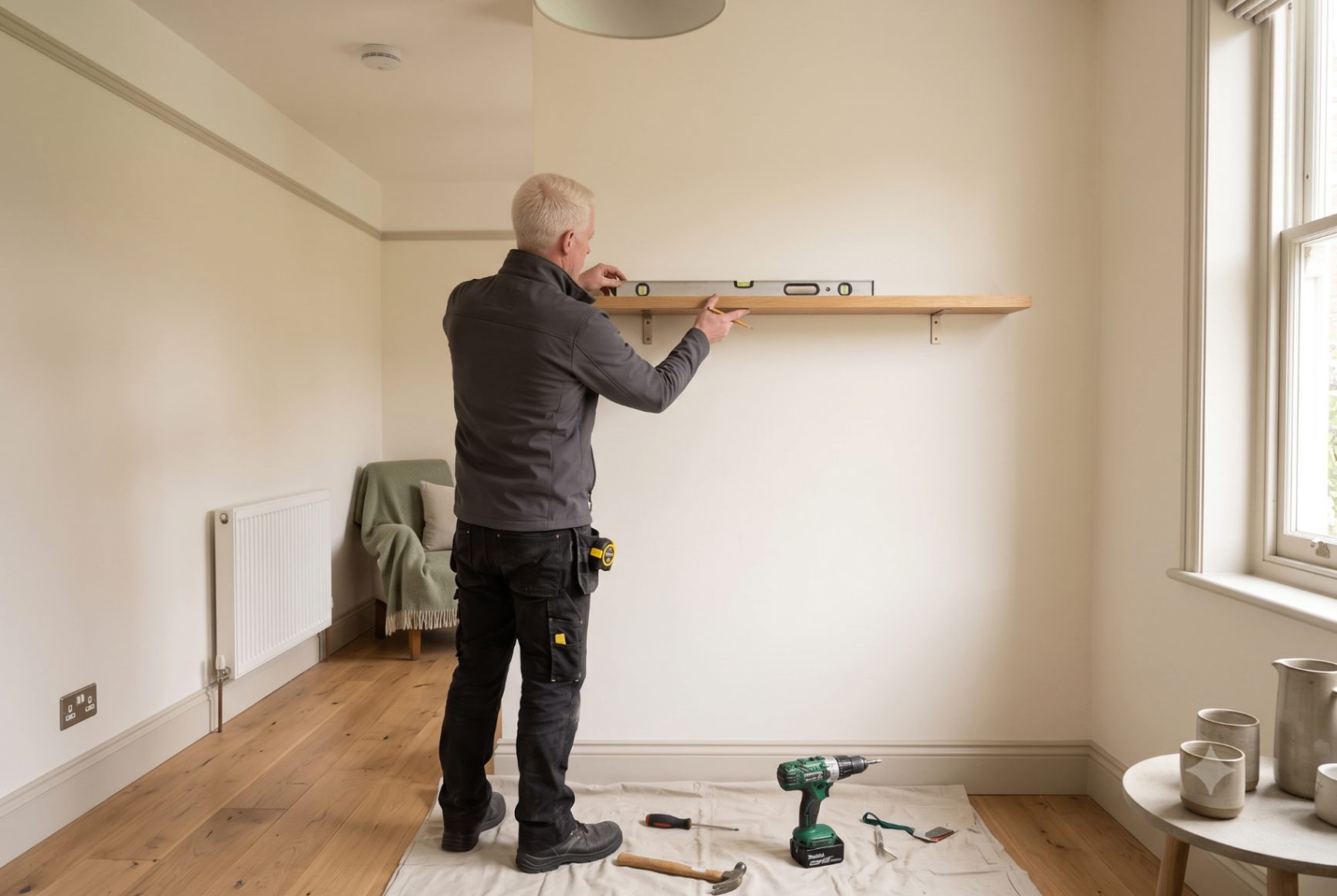 Andy levelling a new shelf before fixing it in place