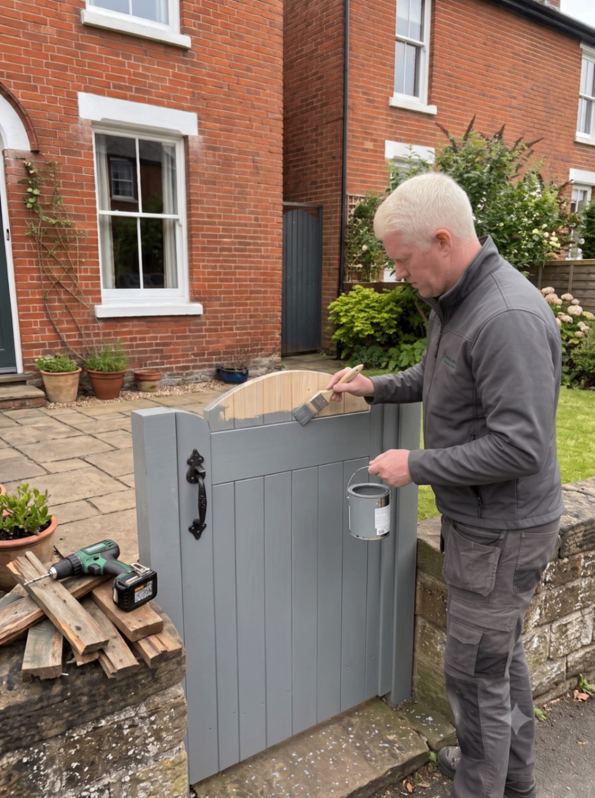 Andy repainting a repaired timber garden gate